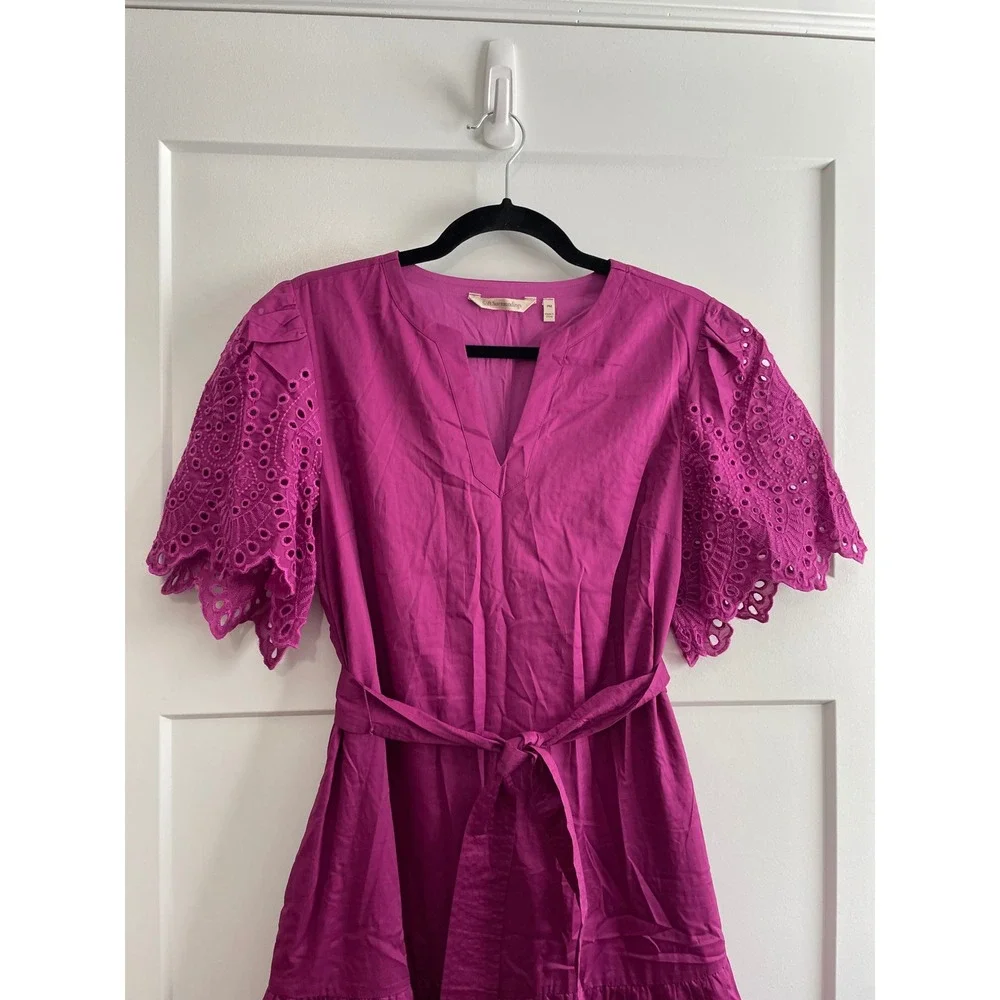 Soft Surroundings Magenta Cotton Eyelet Midi Dress Purple Tie Waist PM 3GD86 - Picture 2 of 10